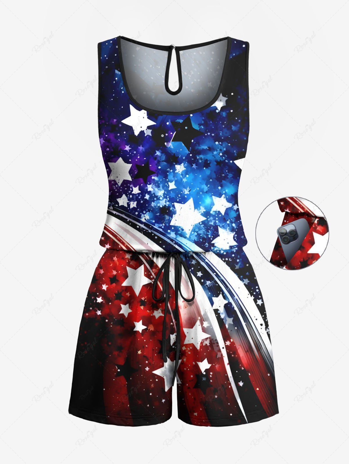 Combinaison cintrée grande taille à imprimé galaxie et drapeau américain patriotique Bleu XS