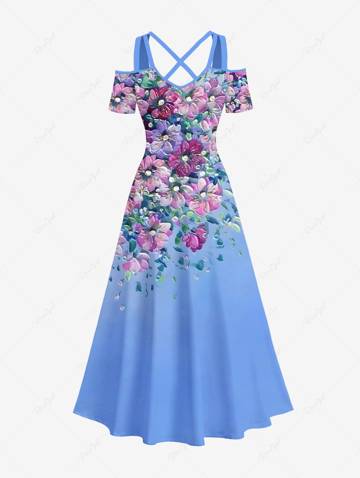 Shop Plus Size Flowers Leaf Print Cold Shoulder Crisscross Hawaii Maxi Dress  