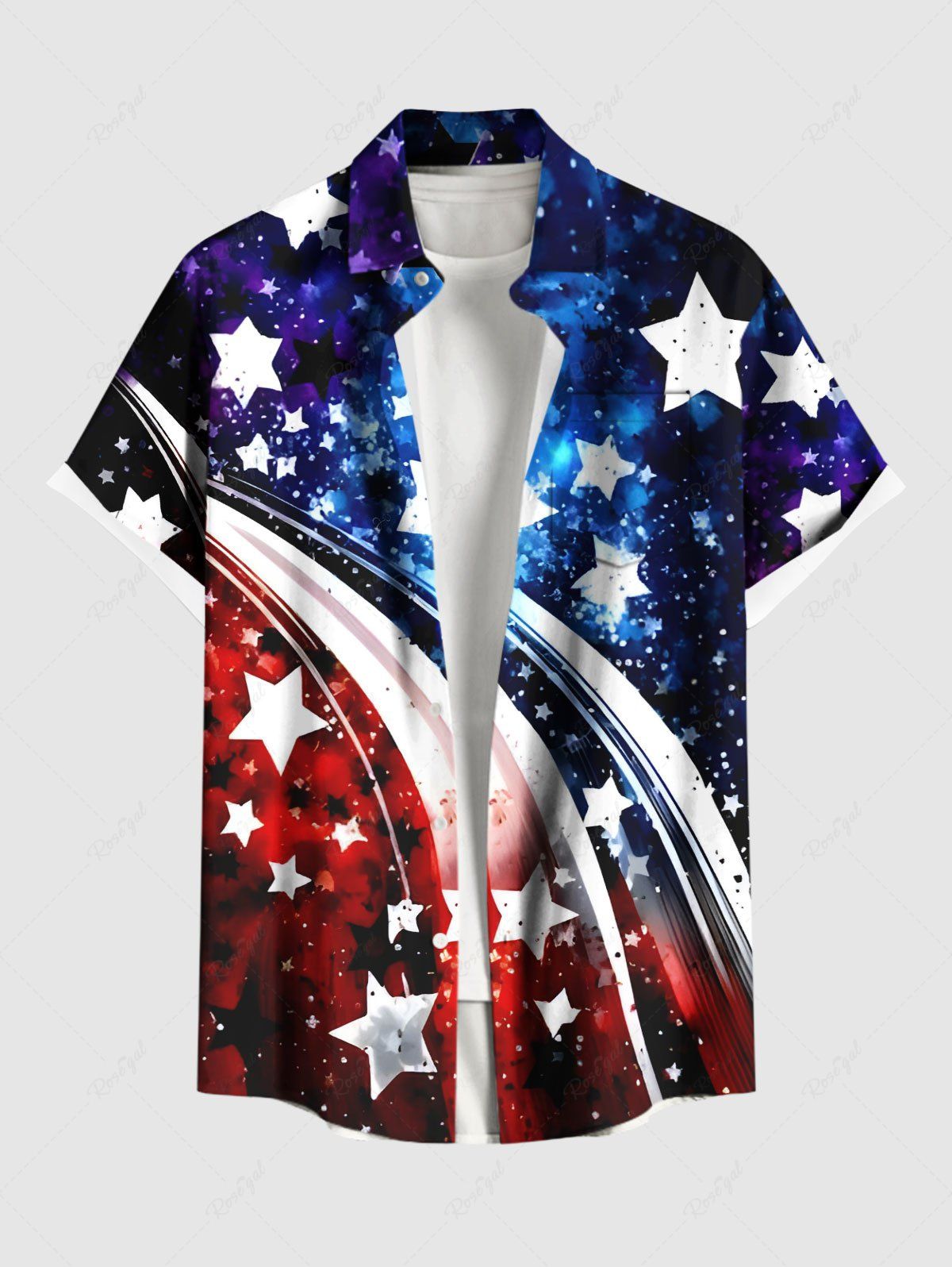 Cheap Plus Size Patriotic American Flag Galaxy Print Buttons Pocket Shirt For Men  