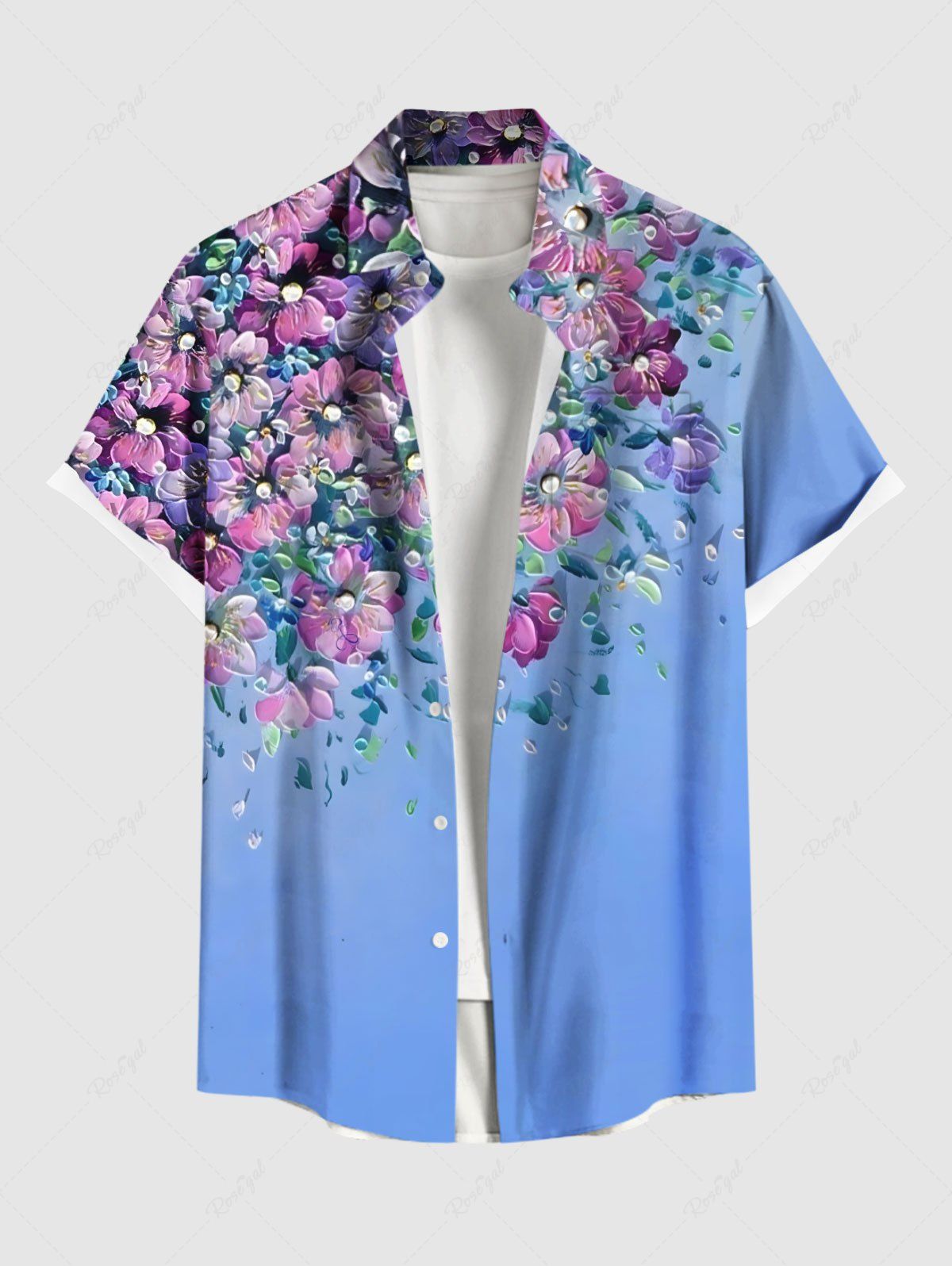 Online Plus Size Flowers Leaf Print Buttons Pocket Hawaii Shirt For Men  