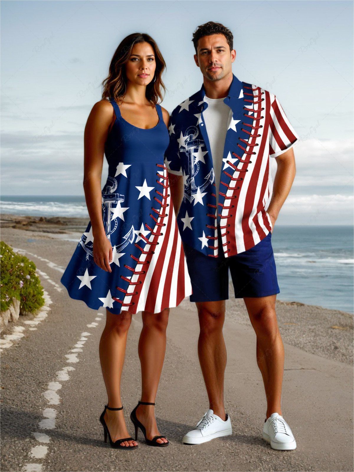 Outfits Patriotic American Flag Topstitching Anchor Octopus Print Plus Size Matching Hawaii Cruise Beach Outfit For Couples  