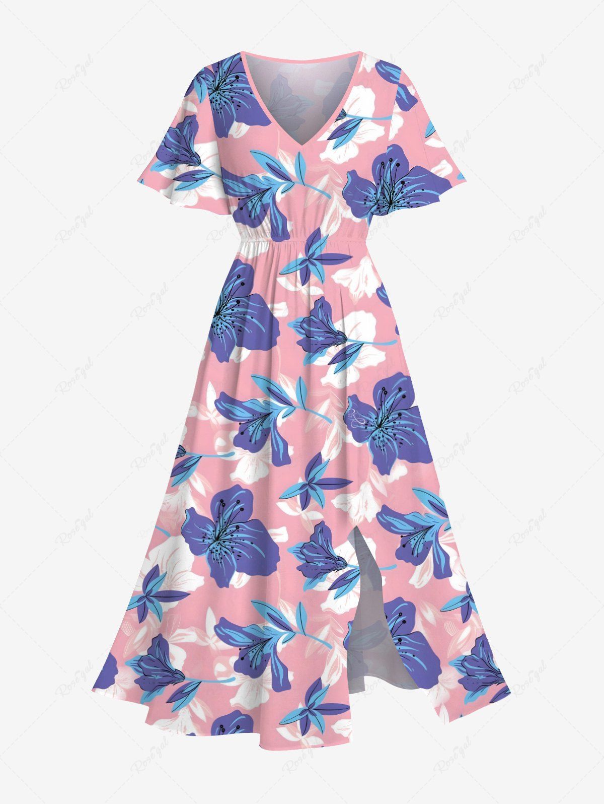Hot Plus Size Tropical Hibiscus Flower Print Split Hawaii Midi Dress  