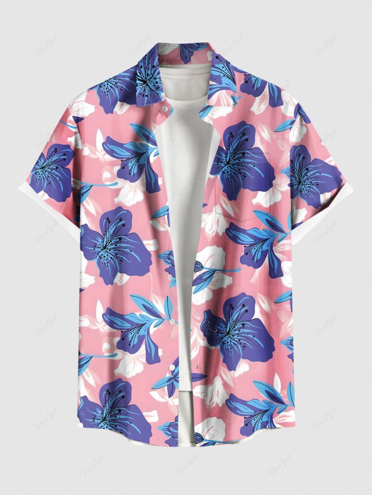 Fashion Plus Size Tropical Hibiscus Flower Print Buttons Pocket Hawaii Shirt For Men  