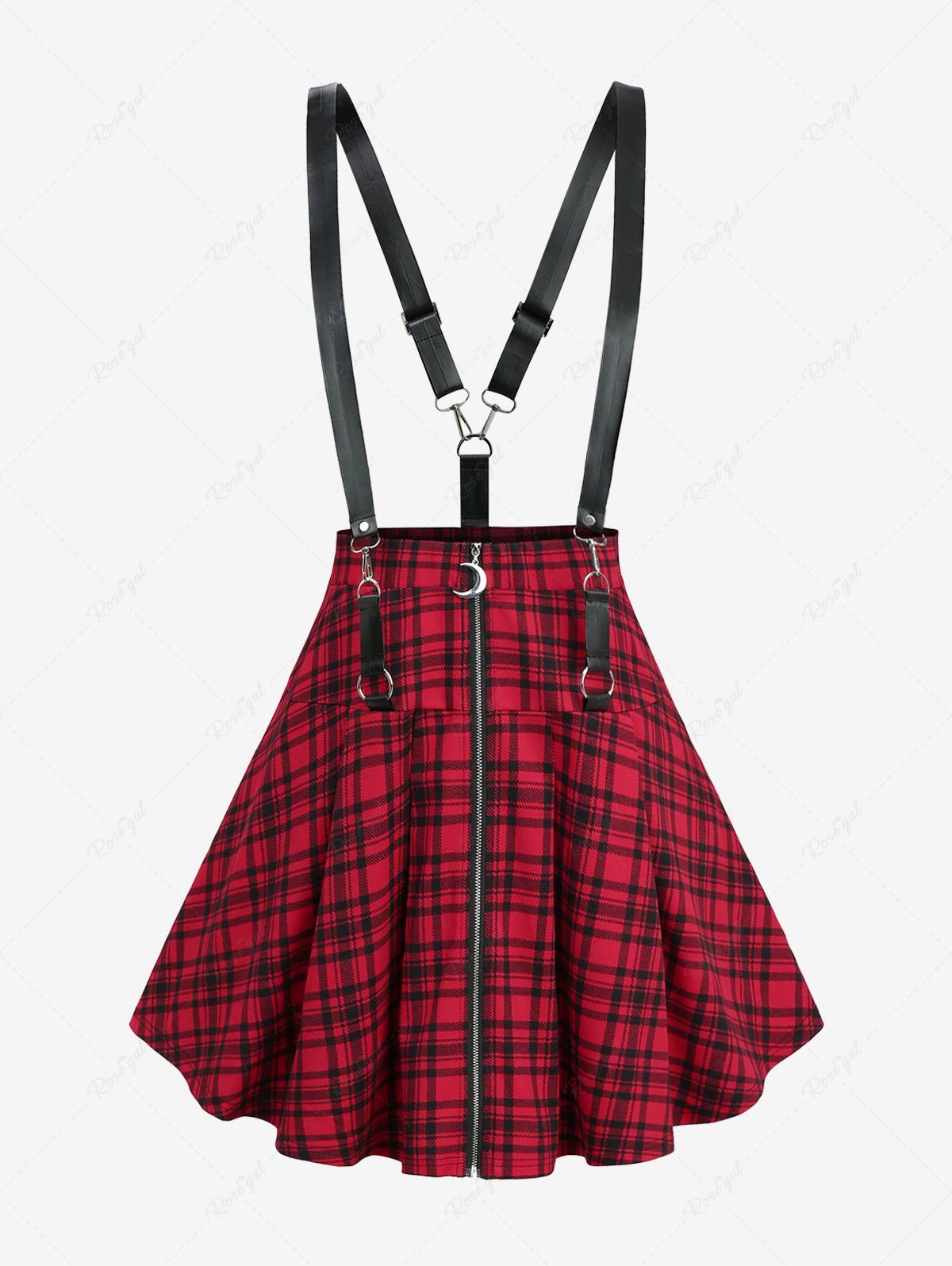 Affordable Plus Size Plaid Print Moon Zipper Suspender Skirt  
