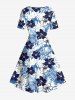 Tenue de plage hawaïenne assortie grande taille à imprimé feuilles tropicales et fleurs pour couples - Bleu 