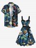 Plus Size Coconut Tree Skull Parrot Sailboat Print Hawaii Cruise Button A Line Dress with Removable Belt -  