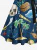Plus Size Coconut Tree Skull Parrot Sailboat Print Hawaii Cruise Button A Line Dress with Removable Belt -  