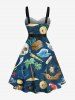 Plus Size Coconut Tree Skull Parrot Sailboat Print Hawaii Cruise Button A Line Dress with Removable Belt -  
