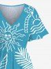 Robe mi-longue trapèze grande taille à imprimé cocotier, feuilles tropicales, coquillages et soleil, style hawaïen, poches fendues - Bleu 2X