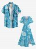 Robe mi-longue trapèze grande taille à imprimé cocotier, feuilles tropicales, coquillages et soleil, style hawaïen, poches fendues - Bleu 2X