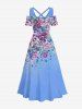 Robe longue hawaïenne grande taille à imprimé fleurs et feuilles, épaules dénudées et croisée - Bleu Ciel M