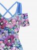 Robe longue hawaïenne grande taille à imprimé fleurs et feuilles, épaules dénudées et croisée - Bleu Ciel M