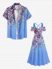Robe longue hawaïenne grande taille à imprimé fleurs et feuilles, épaules dénudées et croisée - Bleu Ciel M