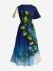 Plus Size Sea Colorblock Flowers Leaf Print Split Hawaii Midi Dress -  