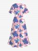 Plus Size Tropical Hibiscus Flower Print Split Hawaii Midi Dress -  