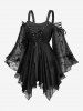 Chemisier gothique grande taille avec broderies d'étoiles, lacets, œillets, épaules dénudées, manches évasées - Noir 2X | US 18-20