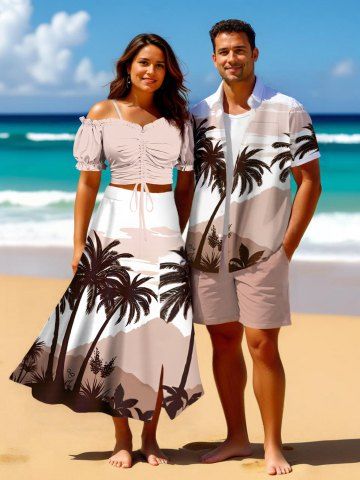 Coconut Tree Mountain Cloud Print Plus Size Matching Hawaii Beach Outfit For Couples
