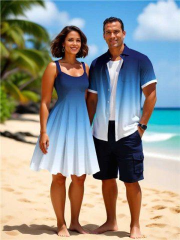Ombre Colorblock Print Plus Size Matching Hawaii Beach Outfit For Couples - BLUE