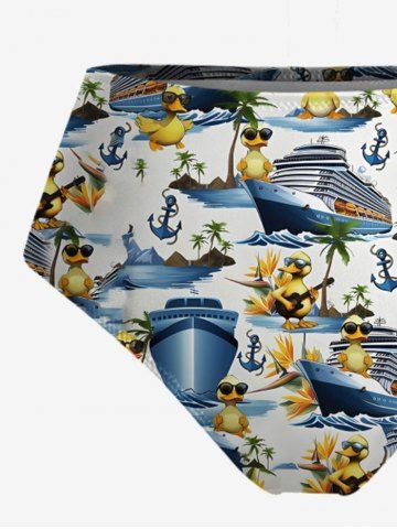 Plus Size Ducks Ship Coconut Tree Anchor Print Lace Up Panel Hawaii Tankini Swimsuit