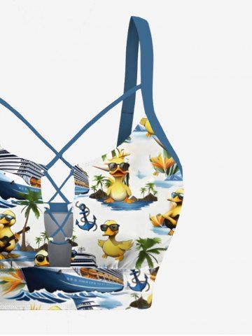 Plus Size Ducks Ship Coconut Tree Anchor Print Lace Up Panel Hawaii Tankini Swimsuit