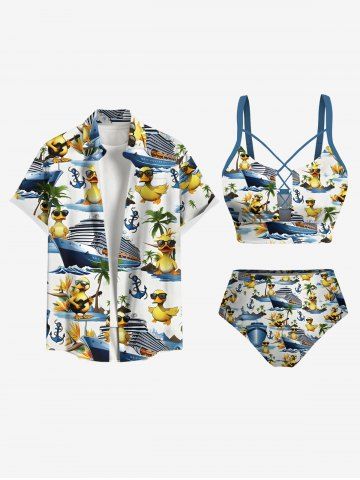 Plus Size Ducks Ship Coconut Tree Anchor Print Lace Up Panel Hawaii Tankini Swimsuit