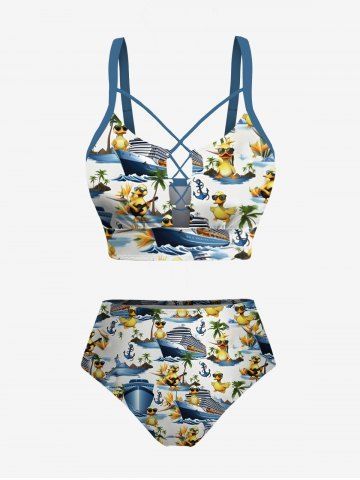Plus Size Ducks Ship Coconut Tree Anchor Print Lace Up Panel Hawaii Tankini Swimsuit - WHITE - 5X