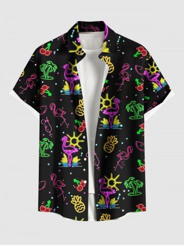 Plus Size Coconut Tree Flamingo Pineapple Cherry Neon 3D Print Buttons Pocket Hawaii Shirt For Men
