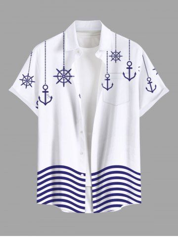 Plus Size Sea Waves Anchor Ship Rudder Tassel Cruise Print Buttons Pocket Hawaii Shirt For Men - WHITE - XL