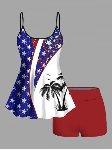 Plus Size Patriotic American Flag Coconut Tree Print Hawaii Tankini Swimsuit - BLUE - S