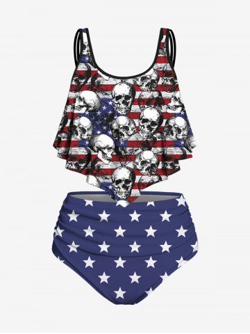 Plus Size Patriotic American Flag Skulls Print Overlay Ruched Tankini Swimsuit - BLUE - S