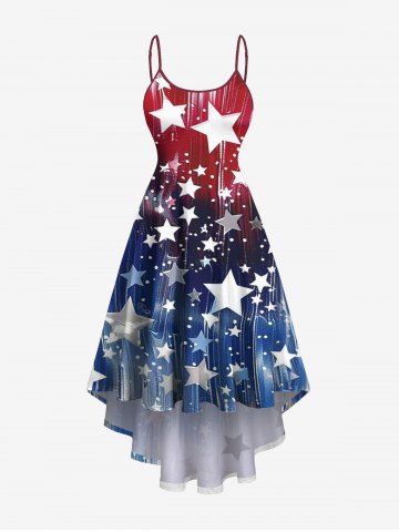 Plus Size Patriotic American Flag Ombre Colorblock Print High Low Cami Dres - BLUE - 2X