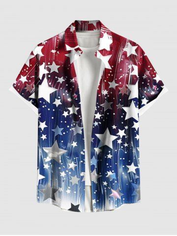 Plus Size Patriotic American Flag Ombre Colorblock Print Buttons Pocket Shirt For Men - BLUE - S