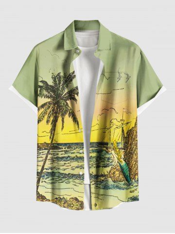 Plus Size Coconut Tree Mermaid Seascape Print Buttons Pocket Hawaii Shirt For Men - GREEN - S