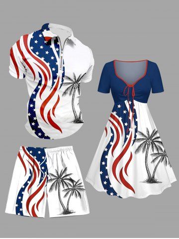 Patriotic American Flag Coconut Tree Print Plus Size Matching Hawaii Beach Outfit For Couples