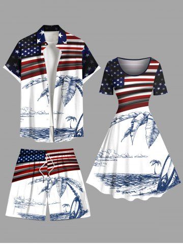 Patriotic American Flag Coconut Tree Seascape Print Plus Size Matching Hawaii Beach Outfit For Couples - WHITE