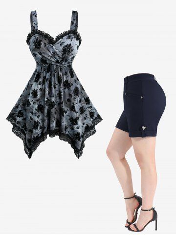 Floral Flocking Tie Dye Crossover Handkerchief Top and Roll Tab Hem Pockets Solid Shorts Plus Size Outfit - BLACK