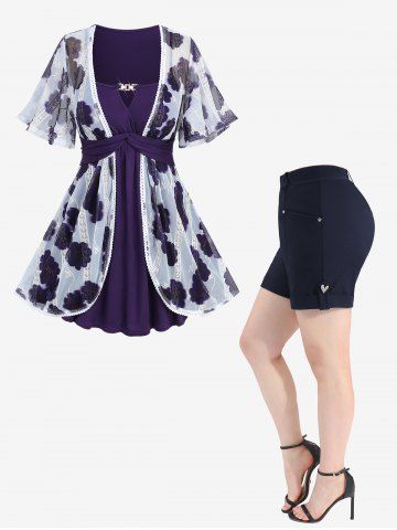 Tie Dye Floral Print Mesh Jacquard Embroidered 2 in 1 Top and Roll Tab Hem Pocket Solid Shorts Plus Size Outfit - PURPLE