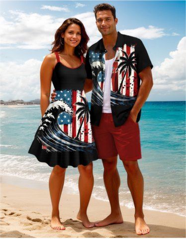 Coconut Tree Patriotic American Flag Sea Waves Print Plus Size Matching Hawaii Beach Outfit For Couples
