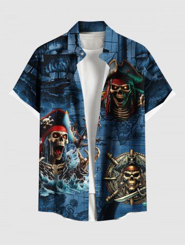 Plus Size Skull Pirate Sea Waves Sailboat Print Hawaii Cruise Ombre Button Pocket Shirt For Men - DEEP BLUE - 2XL