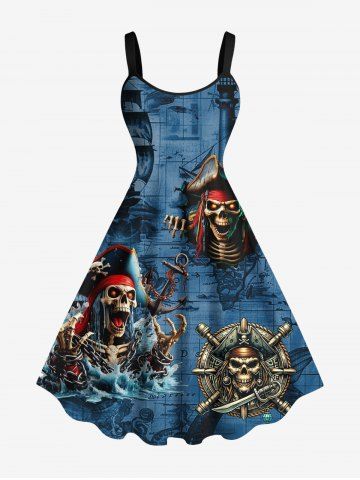 Plus Size Skull Pirate Sea Waves Sailboat Print Hawaii Cruise Ombre A Line Tank Dress - BLUE - L