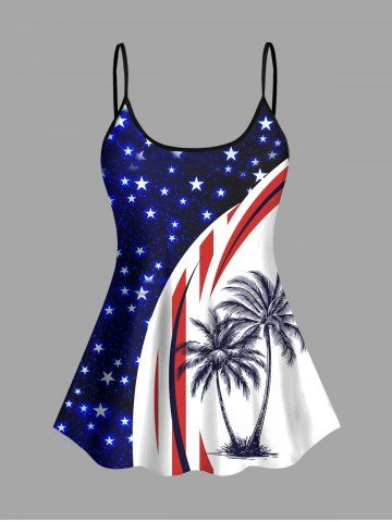 Plus Size Coconut Tree Patriotic American Flag Curve Glitter Stars Printed Hawaii Tankini Top - BLUE - 5X