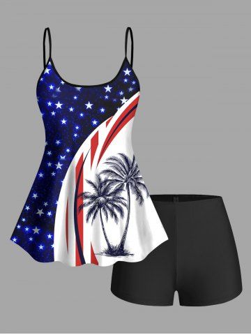 Coconut Tree Patriotic American Flag Curve Glitter Stars Print Hawaii Tankini Top and Bottom Plus Size Matching Set - BLUE