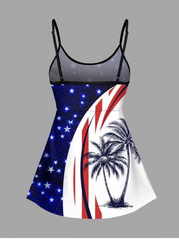Coconut Tree Patriotic American Flag Curve Glitter Stars Print Hawaii Tankini Top and Bottom Plus Size Matching Set