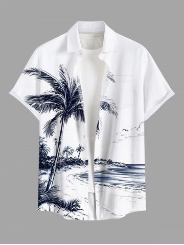 Plus Size Coconut Tree Sea Beach Print Hawaii Button Pocket Shirt For Men - WHITE - XL