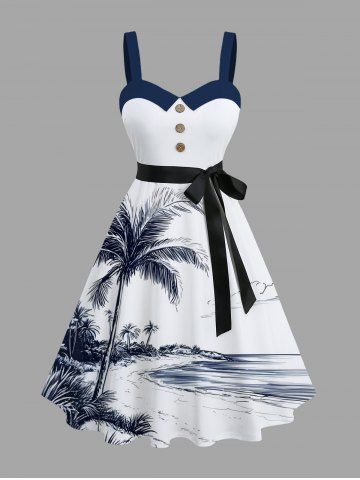 Plus Size Coconut Tree Sea Beach Print Hawaii Button A Line Tank Dress with Removable Belt - WHITE - S