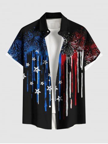Plus Size Fireworks Patriotic American Flag Paint Drop Print Hawaii Button Pocket Shirt For Men - BLACK - 6XL