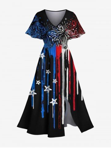 Plus Size Fireworks Patriotic American Flag Paint Drop Print Hawaii Split Pocket A Line Midi Dress - BLACK - 5X