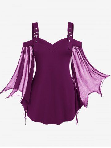 Plus Size Cold Shoulder Buckle Straps Mesh Bell Sleeve Top - DEEP RED - 3X | US 22-24