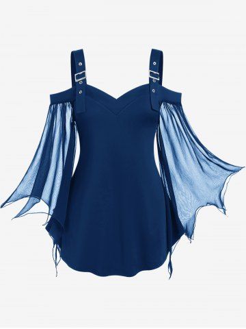 Plus Size Cold Shoulder Buckle Straps Mesh Bell Sleeve Top - DEEP BLUE - 5X | US 30-32