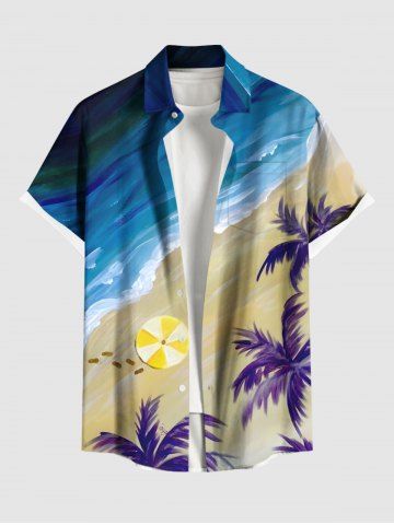Chemise à poches boutonnées grande taille pour homme, imprimée cocotiers, plage et hawaïenne. - BLUE - L